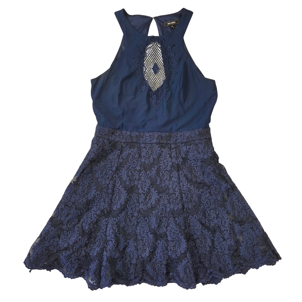 Soieblu Navy Blue Lace Fit and Flare Halter Dress Women Large Crochet L Boho